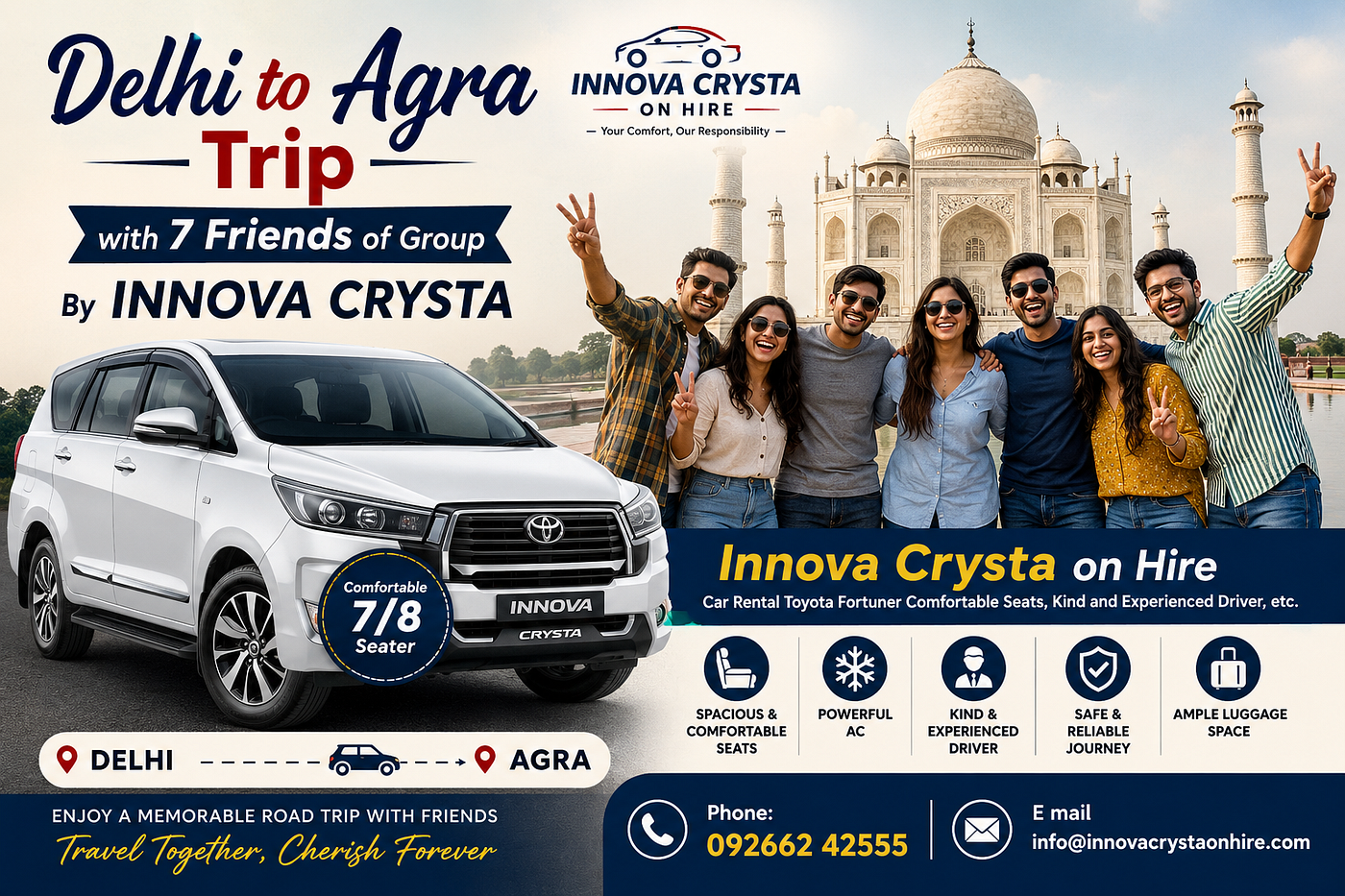Delhi to Agra Road Trip by 7+1 Seater Innova Crysta — A Comfortable with Innova Crysta on Hire —…