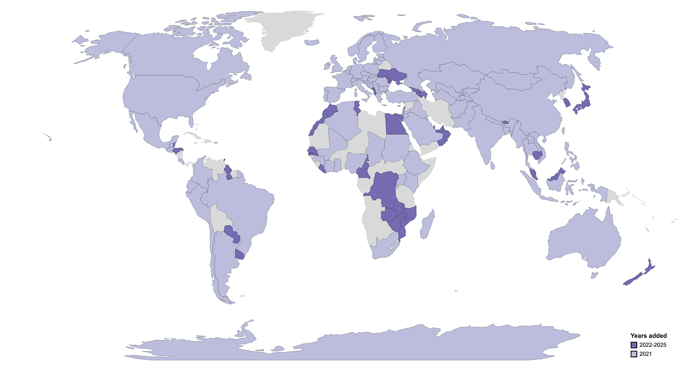 Figure 6. New countries added to OpenAQ platform since 2021 show progress in open air quality data in the Global South.