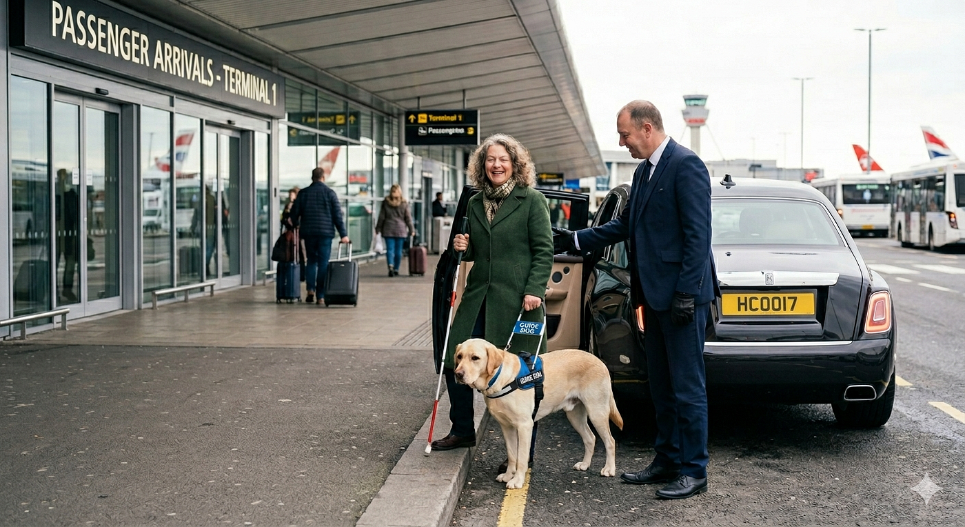 A vision impaired passenger getting dropped off at the airport