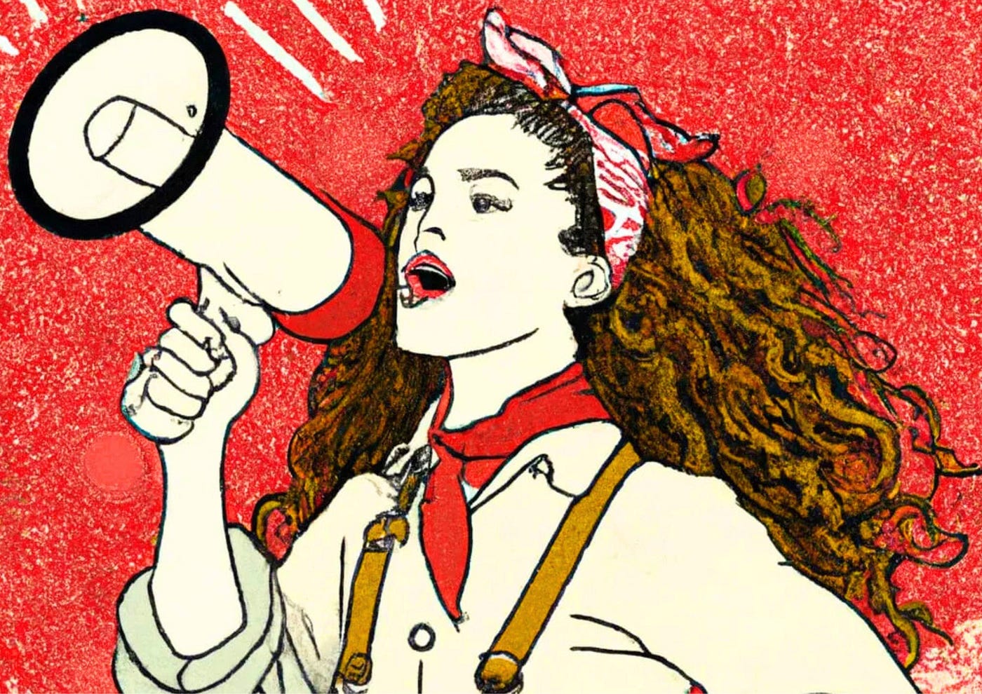 풍성한 곱슬머리에 빨간 머리띠를 두른 젊은 여성이 붉은색 포인트가 들어간 커다란 흰색 확성기에 대고 열정적으로 외치고 있었다.<BR> 소매를 걷어 올린 빨간 단추 셔츠를 입고 오른팔은 단호한 주먹을 쥐고 왼손은 확성기를
꽉 쥐고 있었다.<BR>