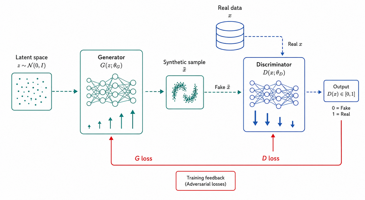Figure 01 — The GAN framework. A Generator G maps latent noise z ~ N(0,I) to synthetic samples x̃. A Discriminator D receives both real samples x ~ pdatapdata and fake samples x̃ ~ pGpG, and outputs a real/fake score. Both networks are trained simultaneously: D is trained to maximize its classification accuracy, while G is trained to minimize it. The adversarial feedback loop forces G to produce increasingly realistic samples over the course of training.