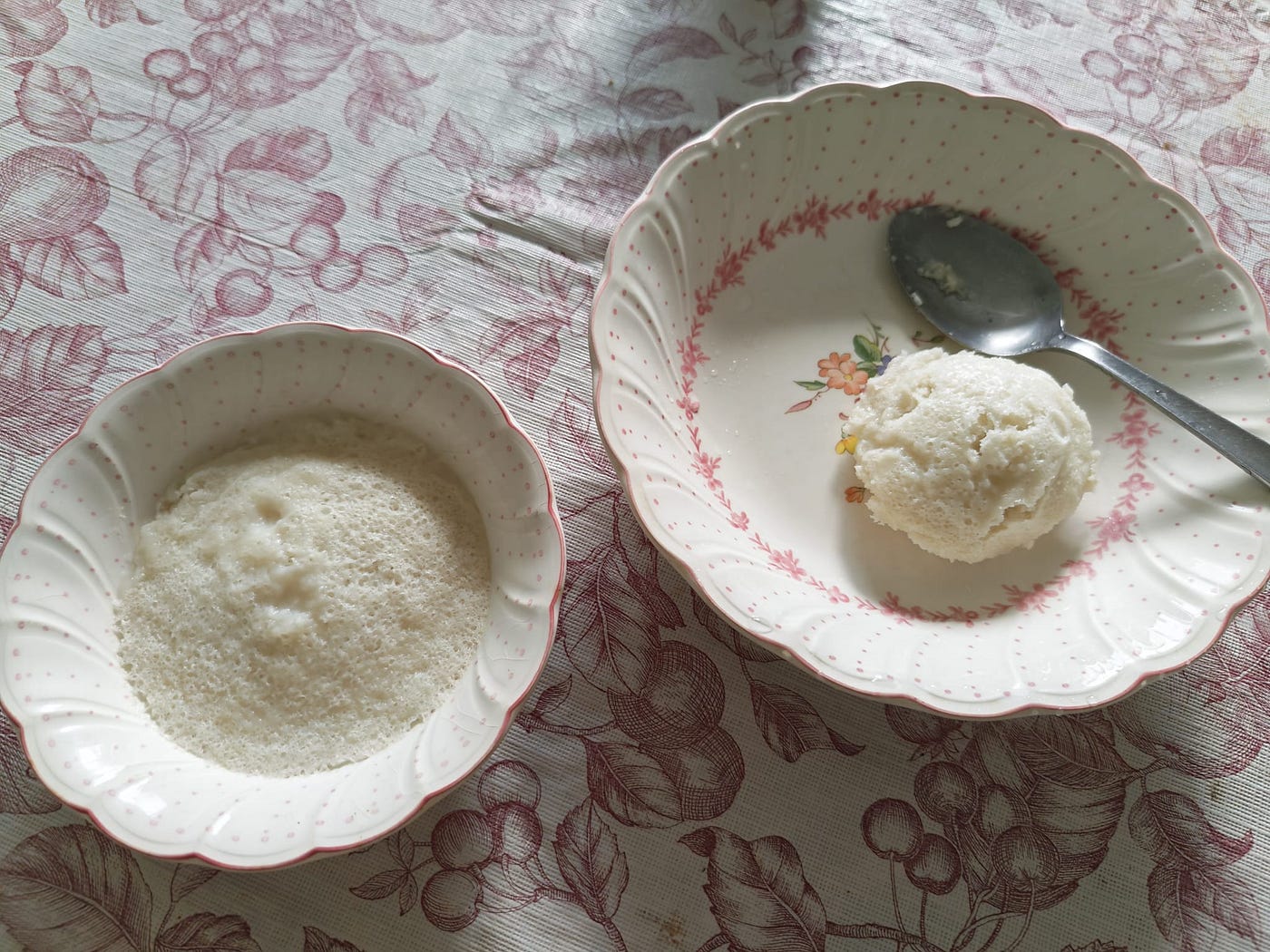 Two idli . Same batter, different steaming conditions. The idli which was steamed in the metal pan had a much drier and chewy texture — I might have left it for too long on the stove. (Photo credit: Cuifen Pui)