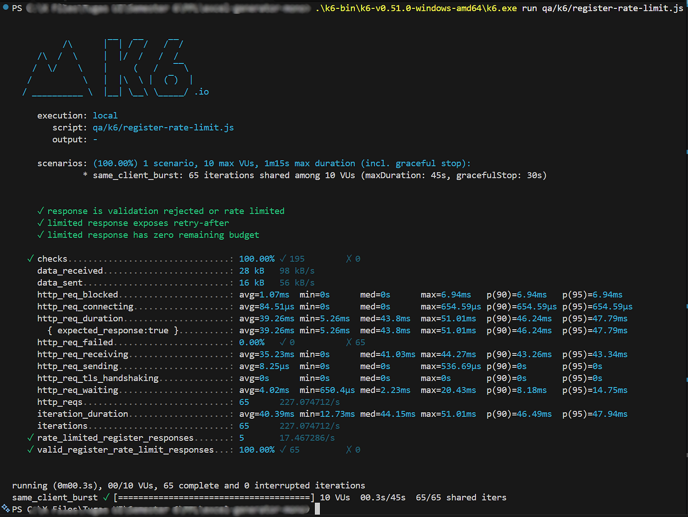 Proactive Defense: Terminal evidence showing the transition from HTTP 400 (Validation Error) to HTTP 429 (Too Many Requests) precisely after the 60th attempt.