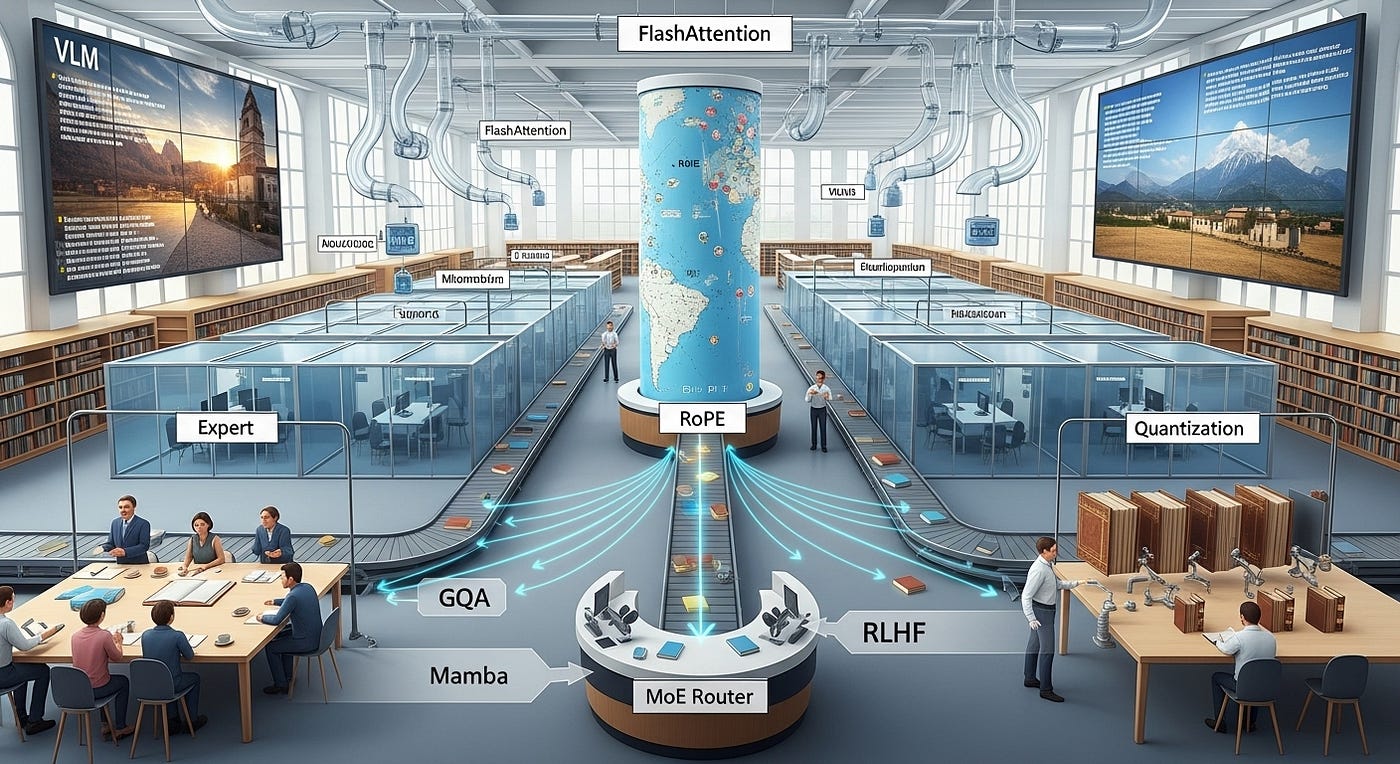VLM is displayed on the screens; the cubicles represent expert nodes. The MoE router directs information to the appropriate expert cubicles. On the left, GQA is shown as a group of experts gathered around a table, while on the right, quantisation is showcased. The books symbolise information selected and refined by people through RLHF, the map represents RoPE, and Mamba serves as the conveyor belt.