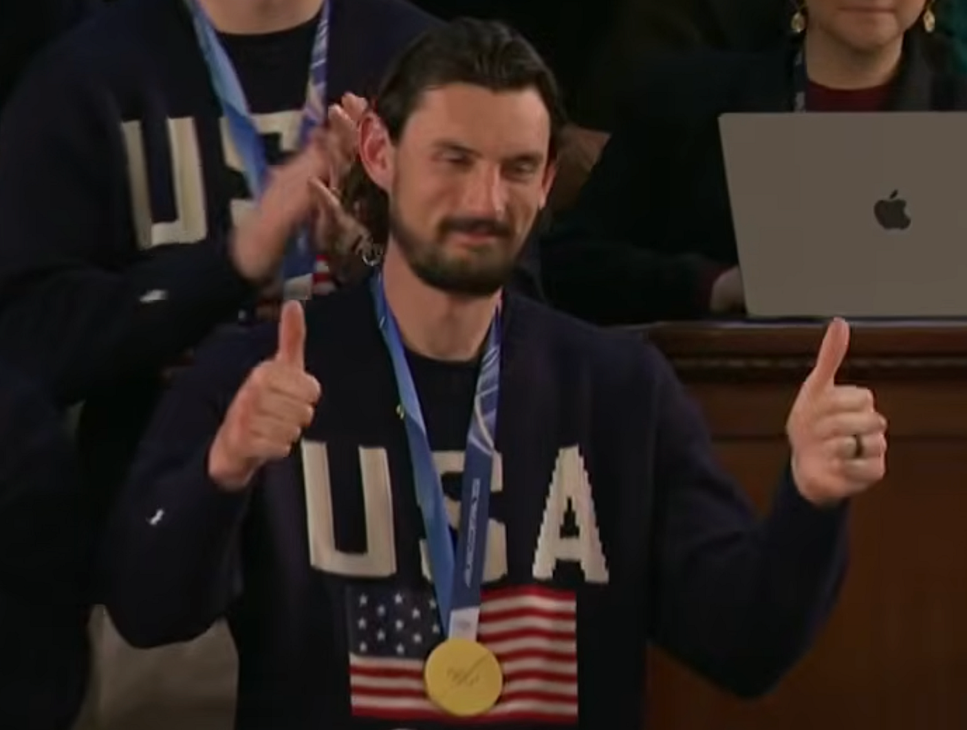 U.S. Olympic Hockey Goalie Conner Hallebuyck honored at State of the Union, screen shot by the author, from YouTube video from Fox 2 Detroit