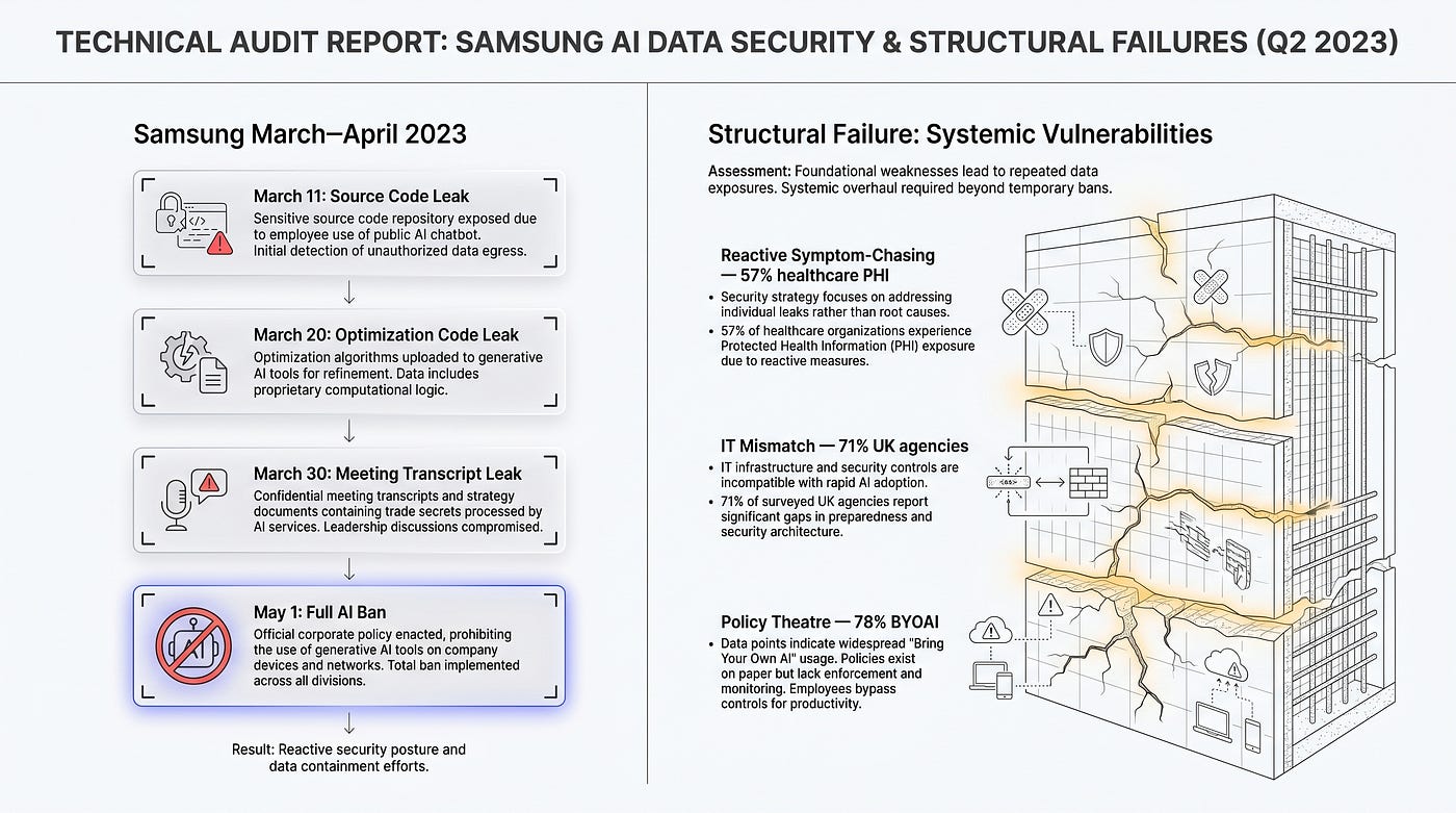 Samsung in 20 days: three code leaks, one ban. And three failure patterns triggered by any policy written like a code of conduct rather than a building code.