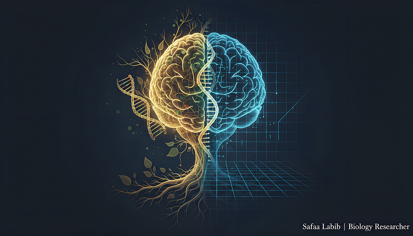 This scientific visualization illustrates the evolutionary mismatch between ancient human physiology and modern digital environments. Image generated using Recraft AI.