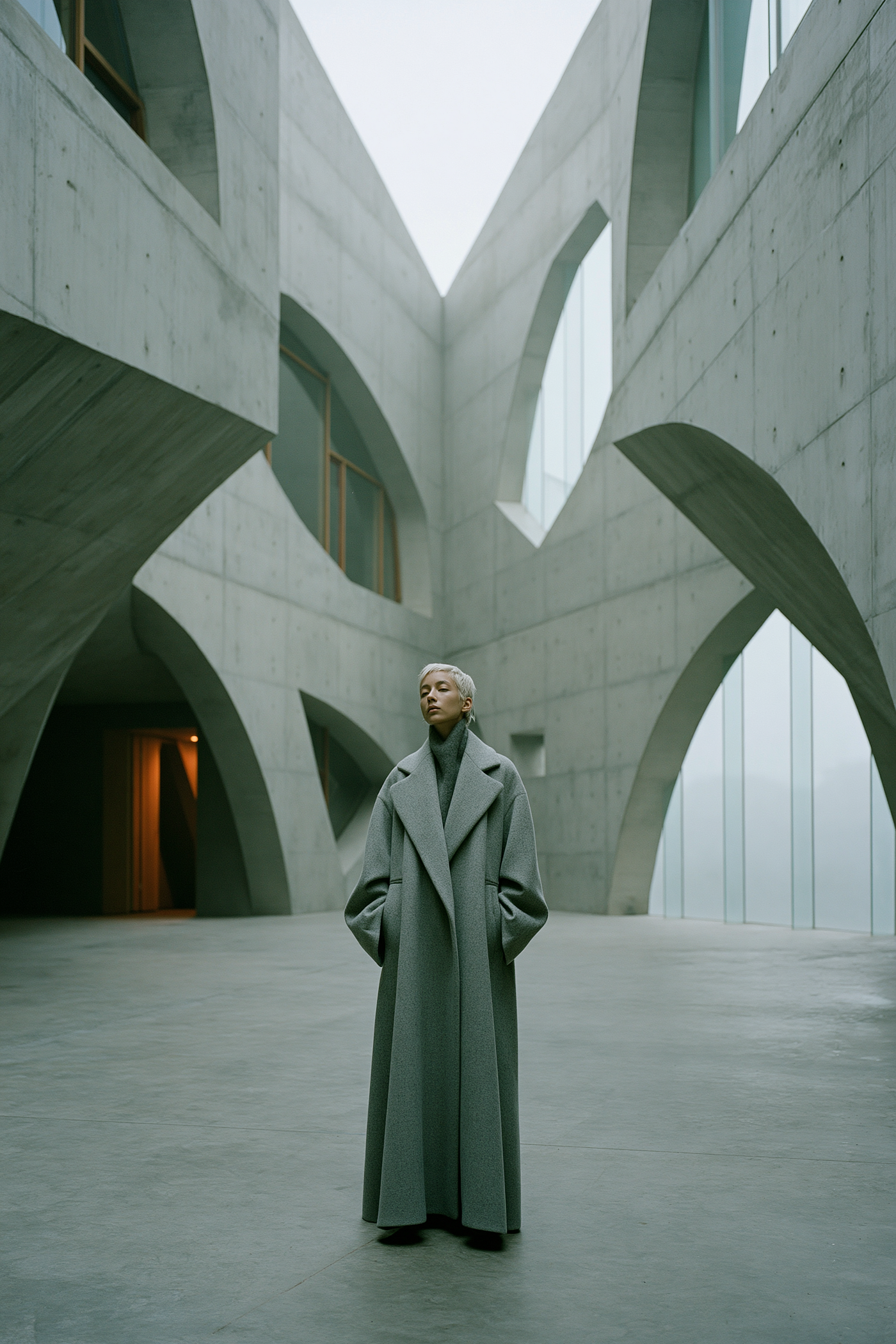 Prompt: wide editorial fashion portrait of a tall Nordic model in an oversized grey wool coat standing alone at the far edge of a vast brutalist concrete atrium, compositional influence of Lina Bo Bardi’s architectural spaces, photographed in the spirit of Anders Petersen, shot on Mamiya 7 II with 65mm f/4 lens using Kodak Portra 400, soft diffused skylight filtering through raw concrete openings with no artificial fill, cold desaturated palette of cement grey, muted sage and pale skin with blue undertones, solitude and architectural stillness, 60 percent negative space above and around the figure, smooth concrete textures and distant rain on glass panels, fine organic grain with subtle halation and deep focus — ar 2:3 — raw — stylize 150 — v 8.1