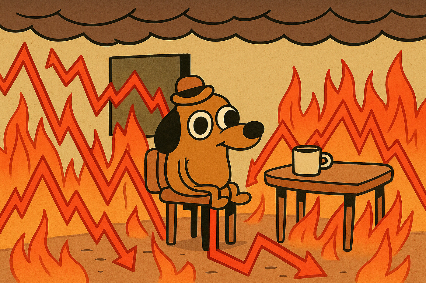 Illustration of the “This is Fine” meme dog sitting calmly in a burning room, where the flames are replaced with red declining metric charts and analytics dashboards showing poor adoption rates