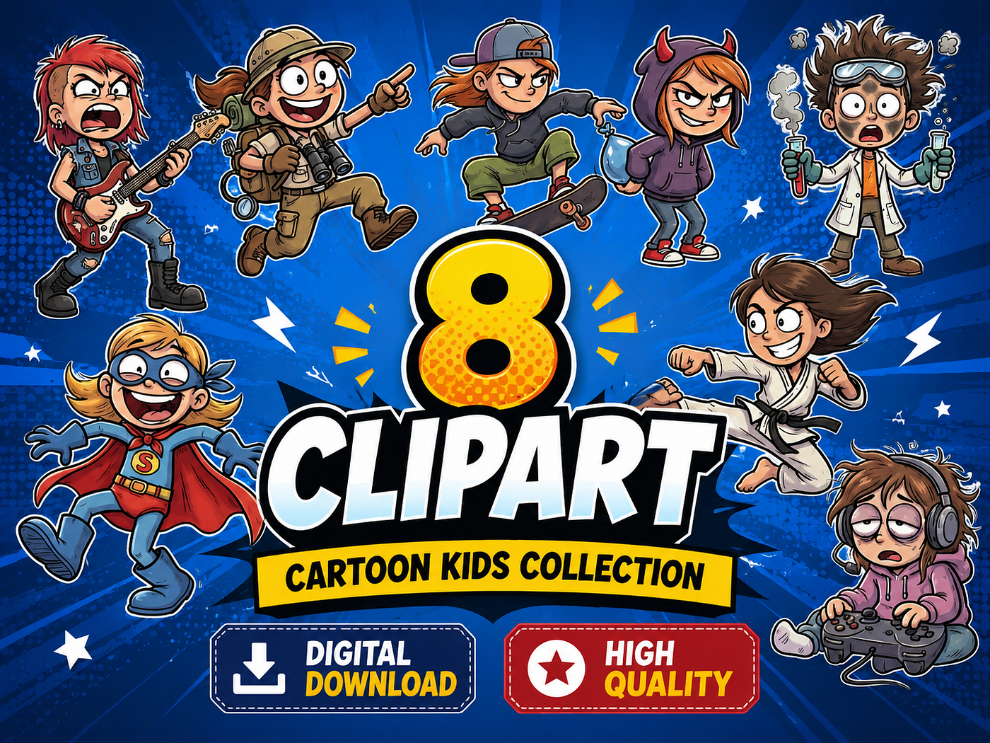 8 Cartoon Kids Clipart Bundle for Creative and Educational Projects