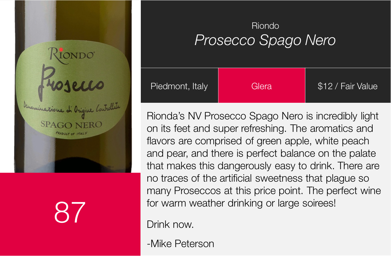 NV Riondo Prosecco Spago Nero: 87 Points | by Mike Peterson | Vintopia
