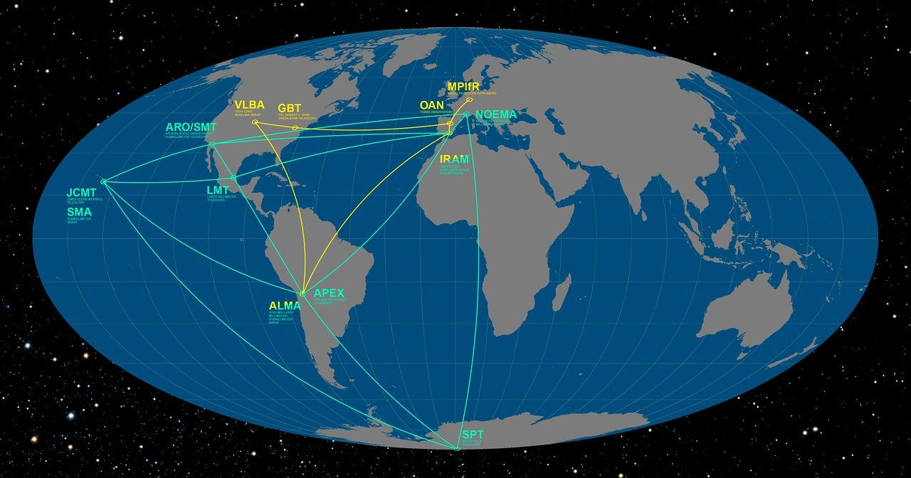 Map showing observatories that acquired data for the first black hole image