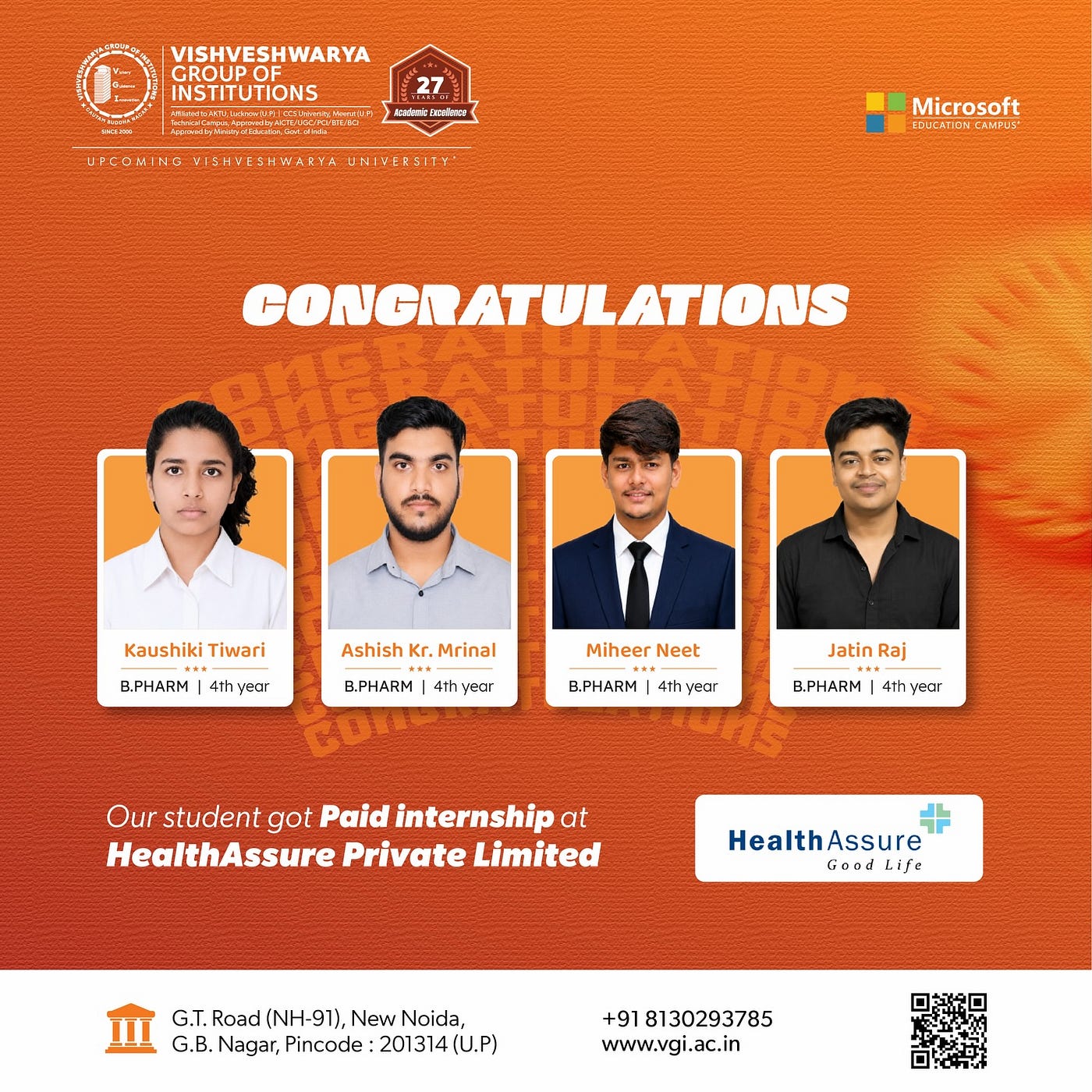 Proud Moment for VGI: B.Pharm Students Secure Paid Internships at HealthAssure Private Limited