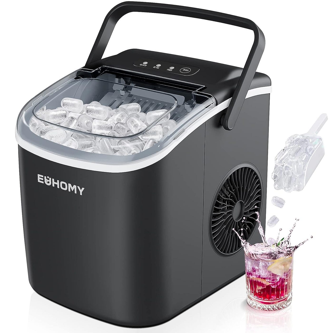 Silonn Countertop Ice Maker Machine with Handle, Portable, Makes up to 27  lbs. of Ice Per Day, 9 Cubes in 7 Mins, Self-Cleaning with Ice Scoop and