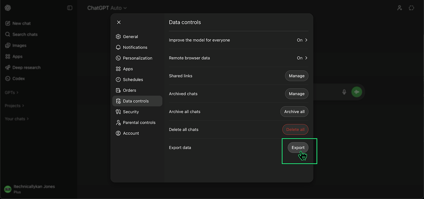 ChatGPT Settings — Data Controls — Export Data