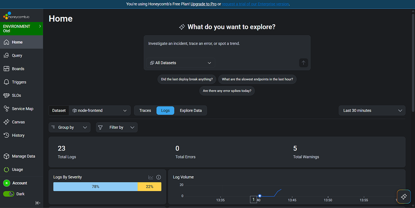 Honeycomb.io home view