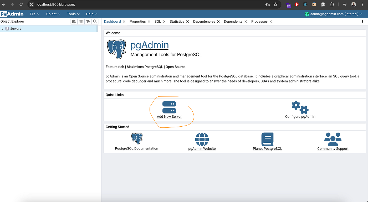 Adding a new server in PgAdmin