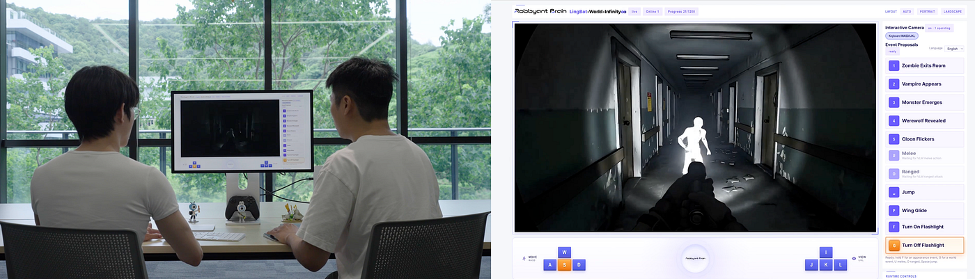 One user can navigate as the player, while another acts as a director, guiding actions, events, or high-level intent.