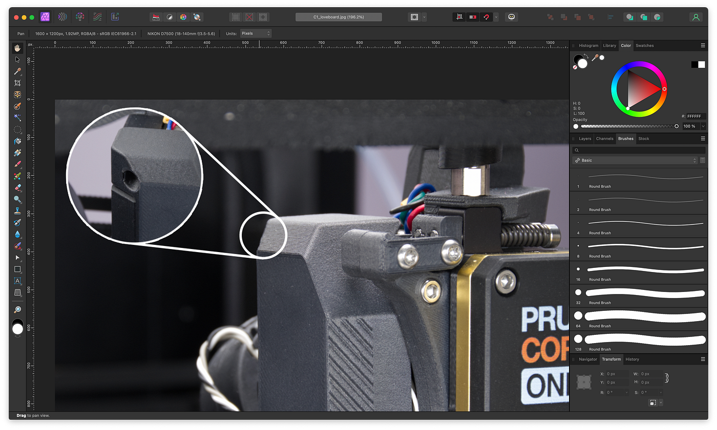 Editing a picture of the Prusa CORE One Nextruder in Serif Affinity Photo