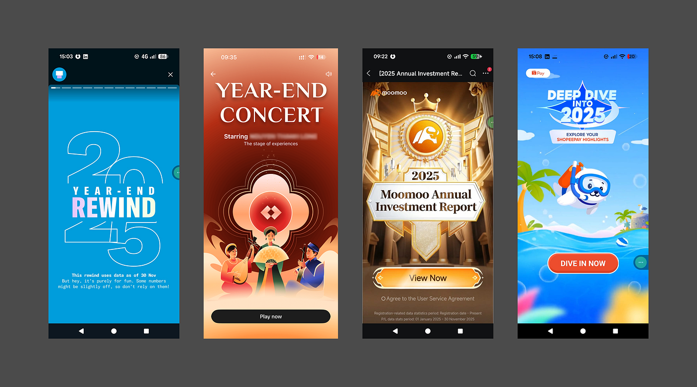 2025 Highlights from various Fintech apps in Asia, featuring Trust bank, Techcombank, Moomoo, ShopeePay