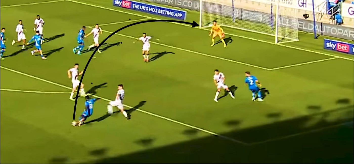 Example of one of Poku’s goals where he cuts insides and bends the ball into the bottom left hand corner