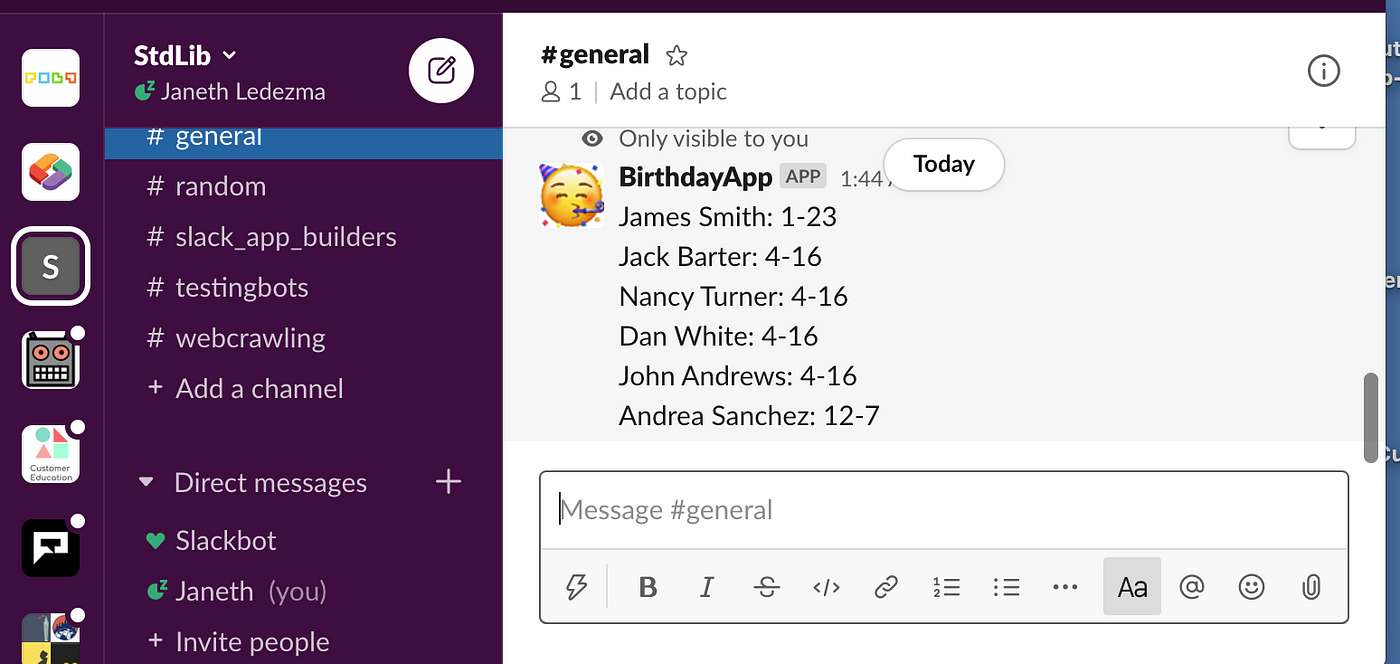 Build a Slack App to Send Automated Birthday Messages to a Channel | by  Janeth Graziani | Better Programming