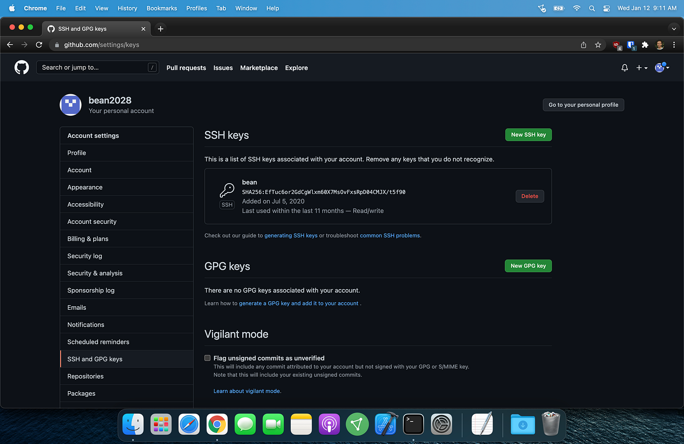 SSH and GPG keys page of my account settings