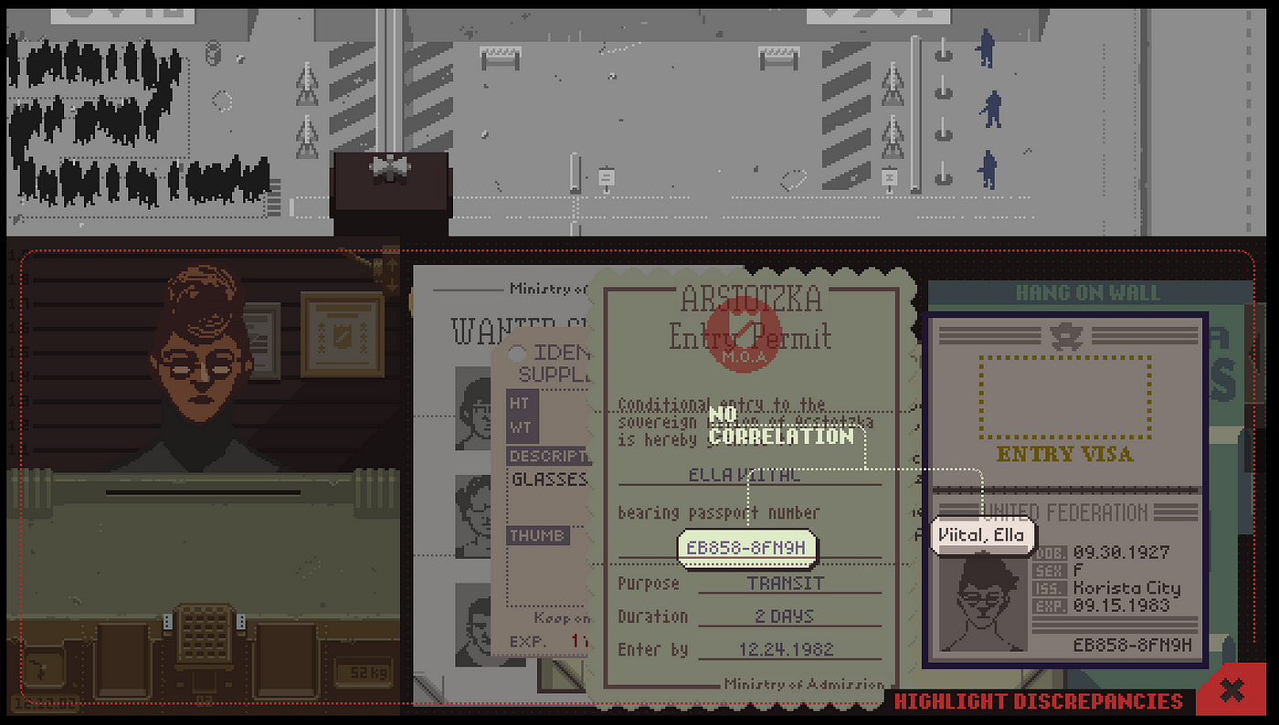 A screenshot from Papers Please showing the interface as the player