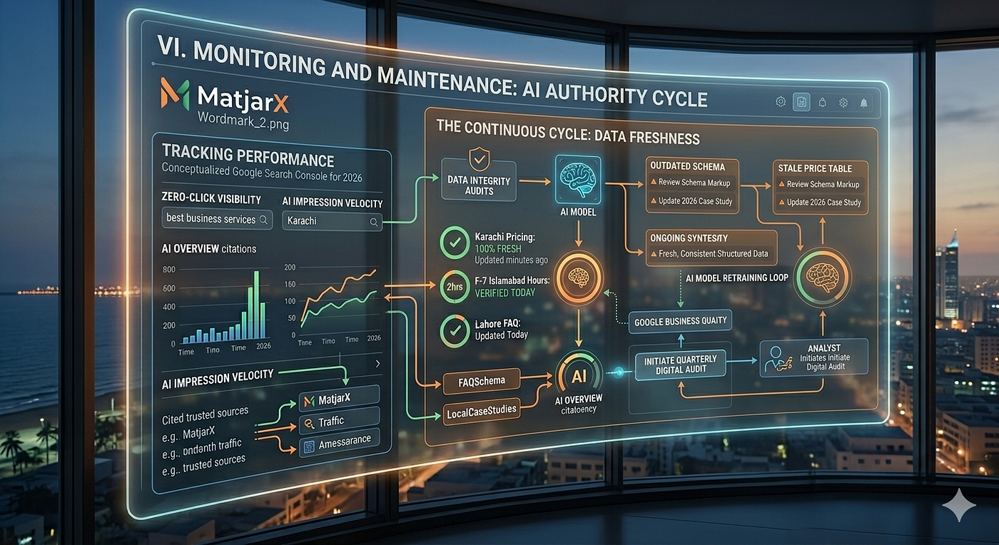 Engineered for longevity: The “AI Authority Cycle” dashboard visualizes the proactive workflow of monitoring performance through conceptualized Google Search Console metrics, and maintaining authority by ensuring real-time data freshness across all digital channels.