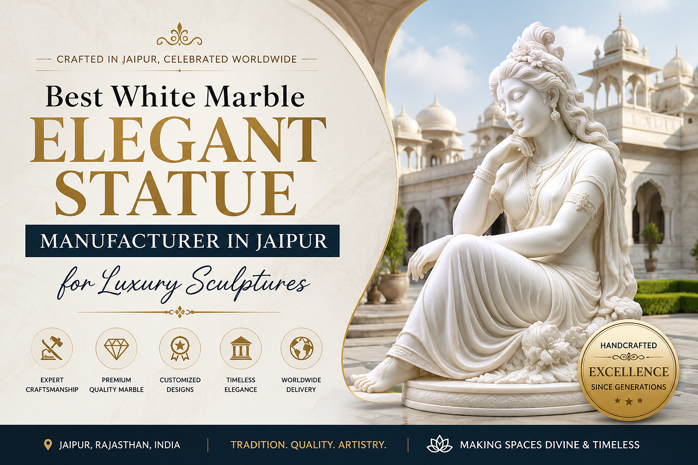 Best White Marble Elegant Statue Manufacturer in Jaipur for Luxury Sculptures