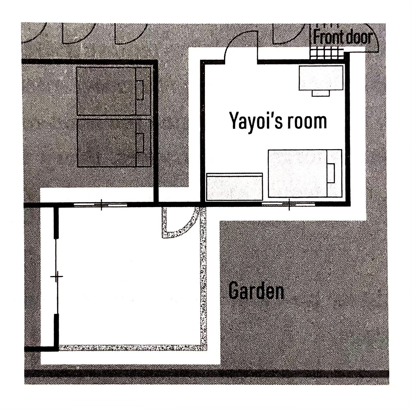 This is a diagram provided later in the chapter as the author and Yayoi discuss the location of the front door and a possible added room. Notice how the cropping and shading add to the clarity of what is being discussed.