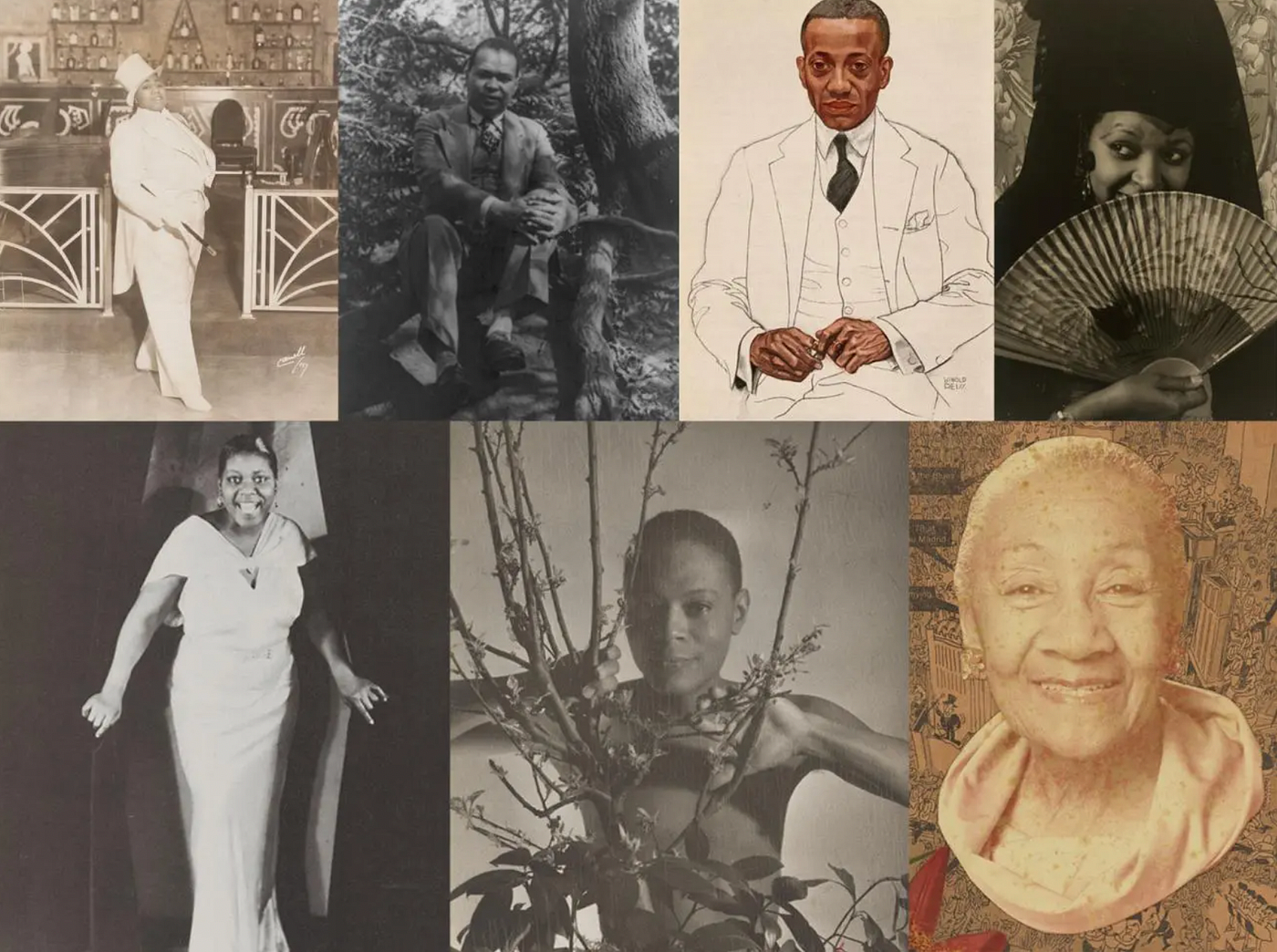 Top row l to r: Gladys Bentley, ca. 1940. 2013.46.25.82; Countee Cullen by Carl Van Vechten, 1941. Courtesy Library of Congress, Prints and Photographs Division; Alain Locke by Winold Reiss, 1925. National Portrait Gallery, Smithsonian Institution. Ethel Waters as Carmen by Carl Van Vechten, 1934. 2010.42.4 Bottom row l to r: Bessie Smith from Delegate magazine, 1975. Gift of Anne B. Patrick and the family of Hilda E. Stokely. 2012.167.9; Jimmie Daniels, early 1930s. Gift of Paul Bodden in memory of Thad McGar and James “Jimmie” Daniels. TA2020.19.3.1; Alberta Hunter, date unknown. Gift of Paul Bodden in memory of Thad McGar and James “Jimmie” Daniels. A2020.19.1.2
