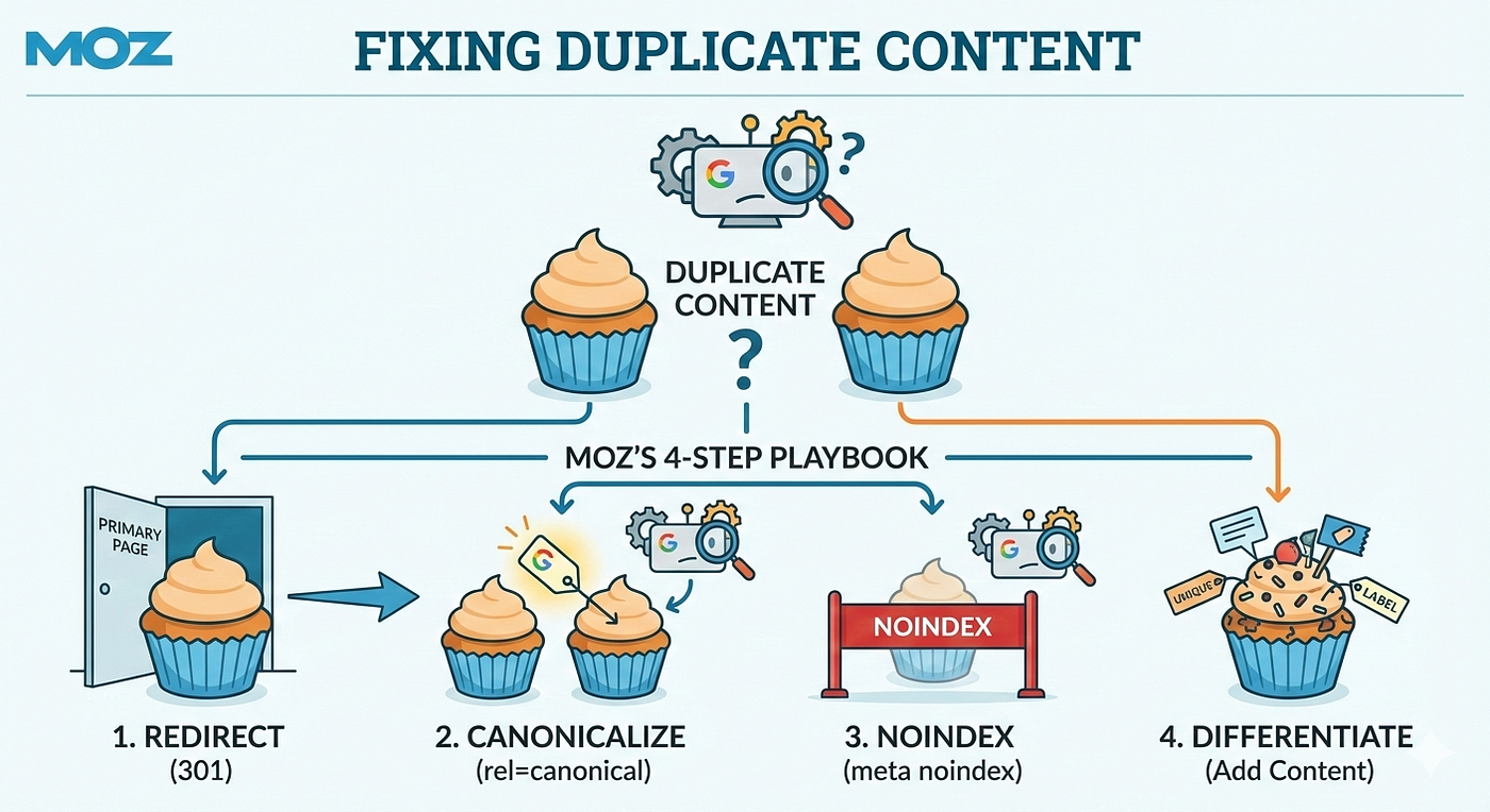Moz’s 4-step playbook for fixing duplicate content (so Google ranks the right page)
