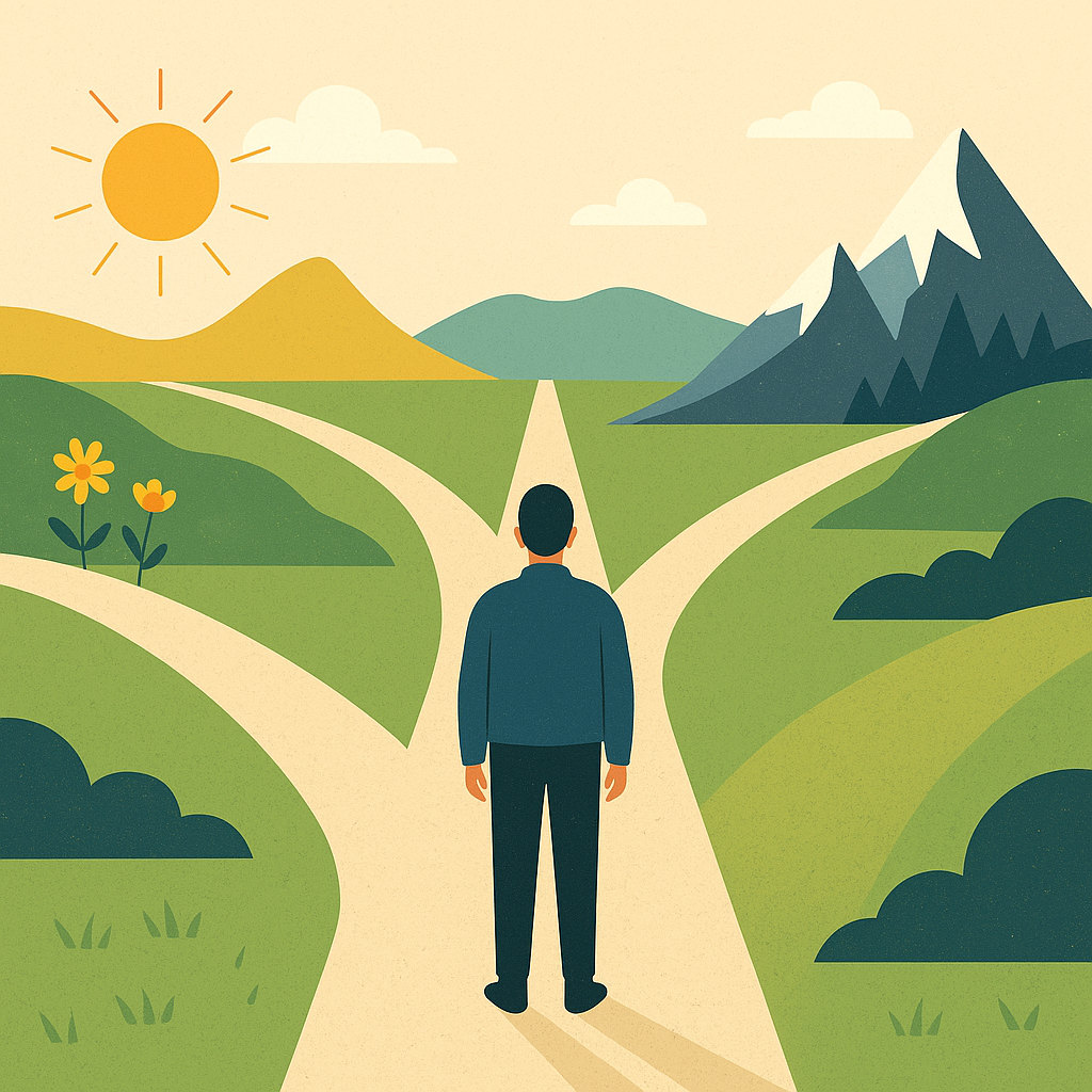 세 갈래로 갈라지는 길에 선 사람을 미니멀하게 표현한 그림입니다.<BR> 세 갈래의 길이 있는데, 하나는 햇살이 비치고 꽃이 가득한 길이고, 하나는 곧고 차분한 길이며, 다른 하나는 눈 덮인 산으로 이어지는 험준한 길이며, 이는 서로 다른 삶의 선택을 상징합니다.<BR>