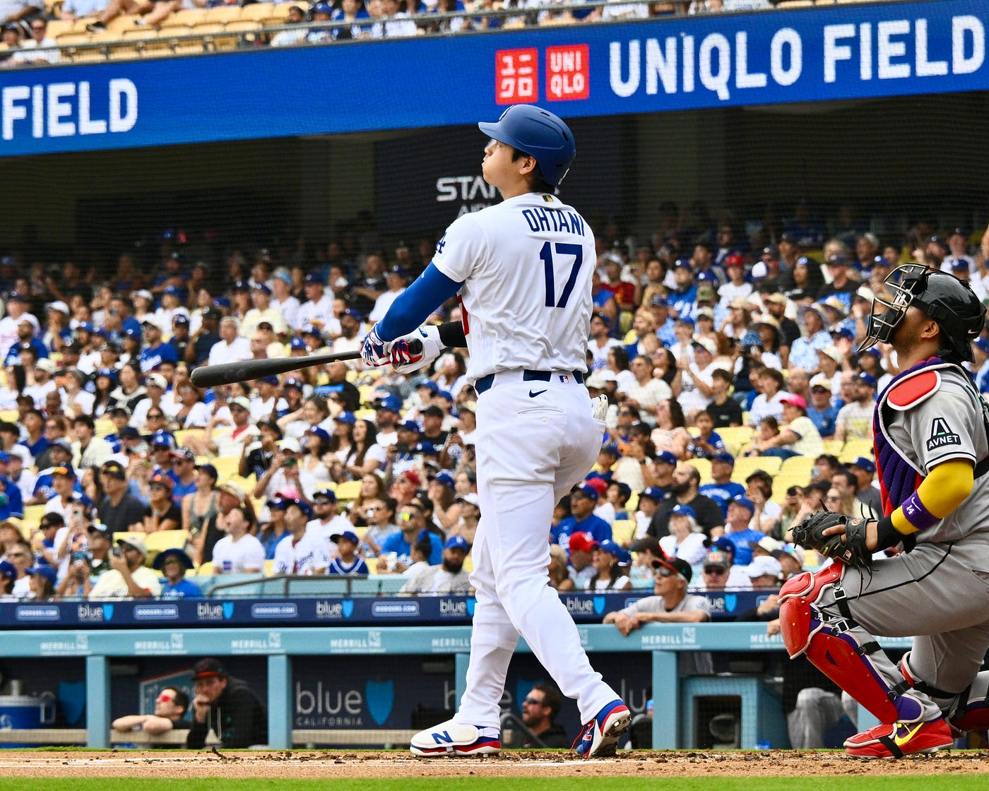 Shohei Ohtani hit his ninth leadoff home run of the season on Sunday against the Arizona Diamondbacks. (Jon SooHoo/Los Angeles Dodgers)