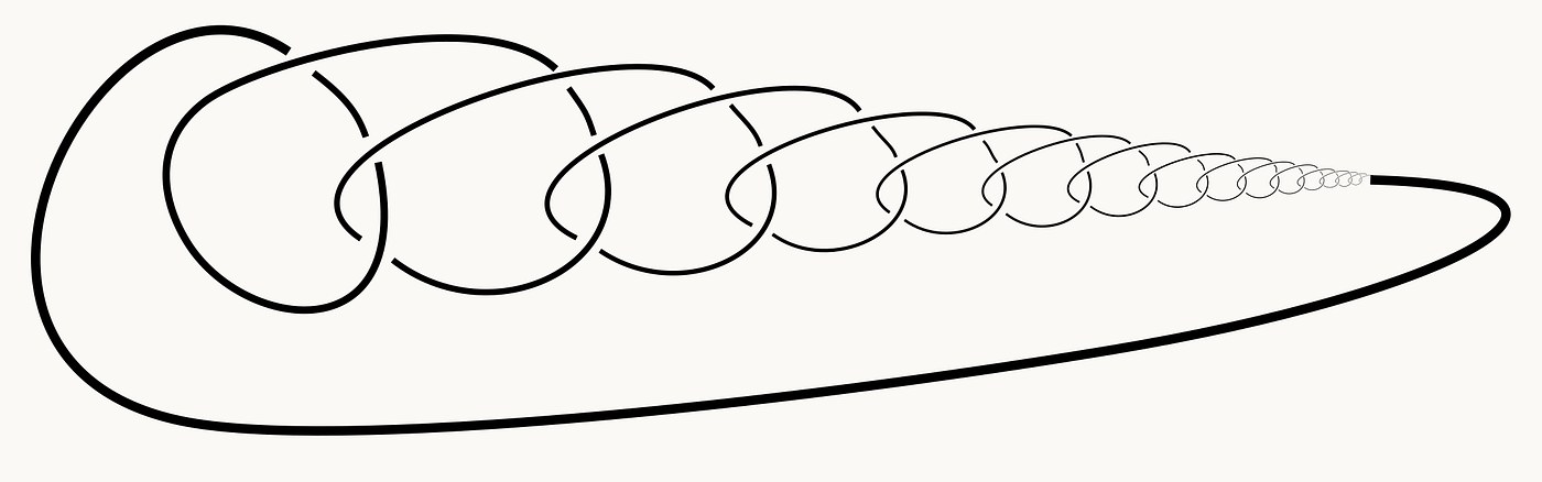 A depiction of a wild knot, whose infinitely accumulating structure lies outside the usual tame knot diagrams used in elementary knot theory. Image by Jkasd, via Wikimedia Commons, public domain.