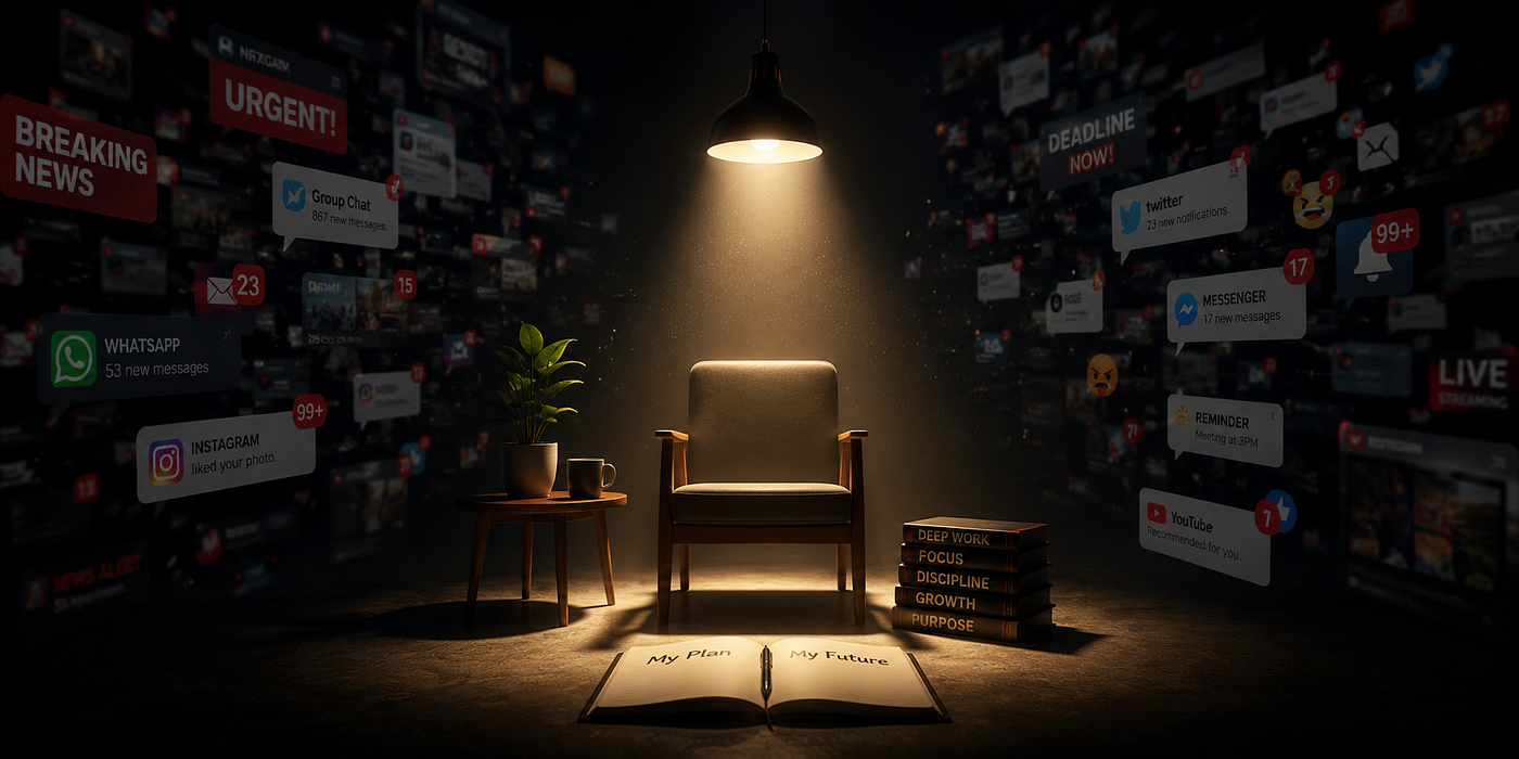 Photo with ChatGPT by Author: A solitary chair glows peacefully while relentless digital chaos and notifications violently surround the darkness.