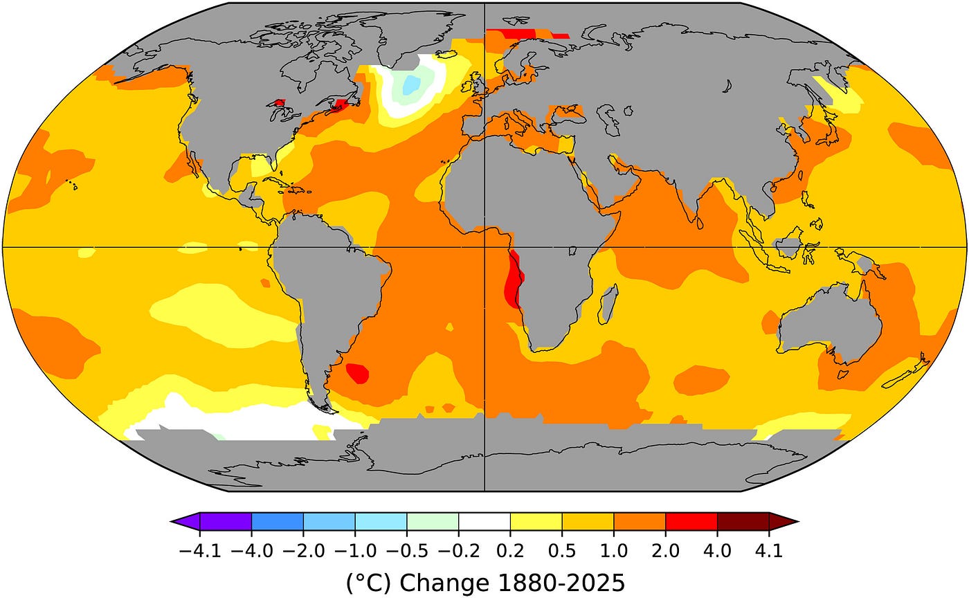 Sea-surface temperature linear trend (°C) from 1880 to 2025, NASA GISTEMP data (Source: Multidecadal Atlantic “Warming Hole” Heat Content Variations Are Caused by Ocean Heat Transport, Not by Surface Fluxes)