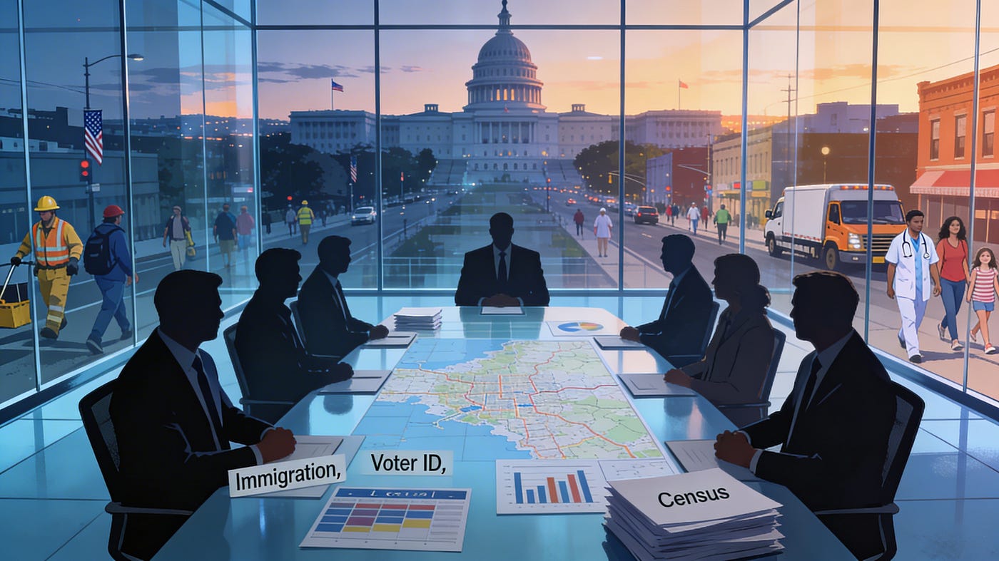 Distant party elites strategize in a D.C. boardroom while the working Americans they depend on stand far below. Illustration by Perplexity, powered by GPT‑5.1.