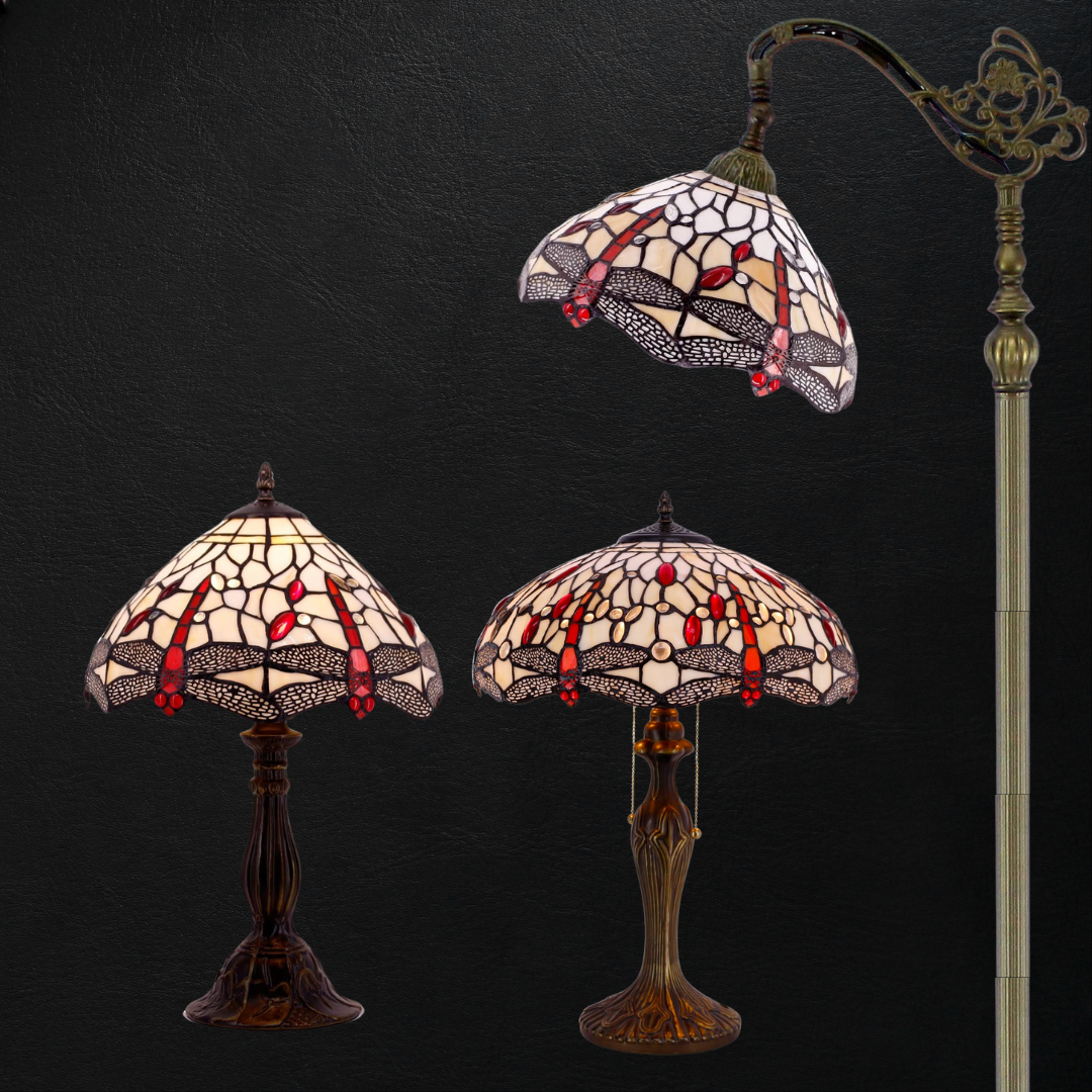 Werfactory Tiffany Amber Cloudy Dragonfly Lamp Set Medium