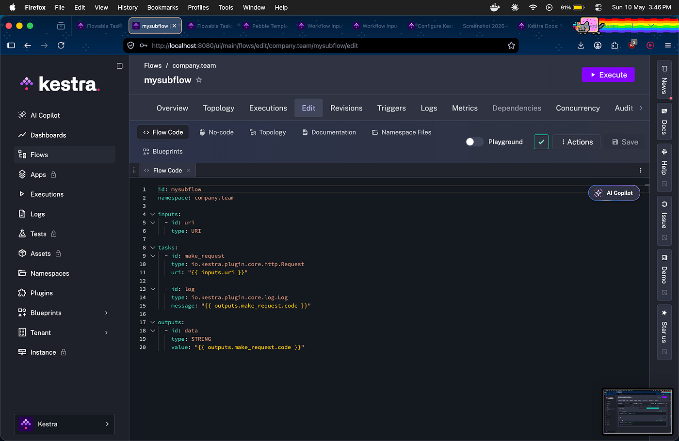 mysubflow YAML code