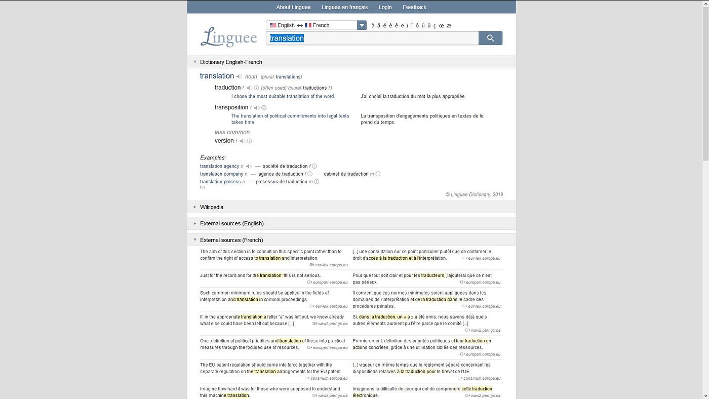 Linguee dictionary lookup based on parallel corpora
