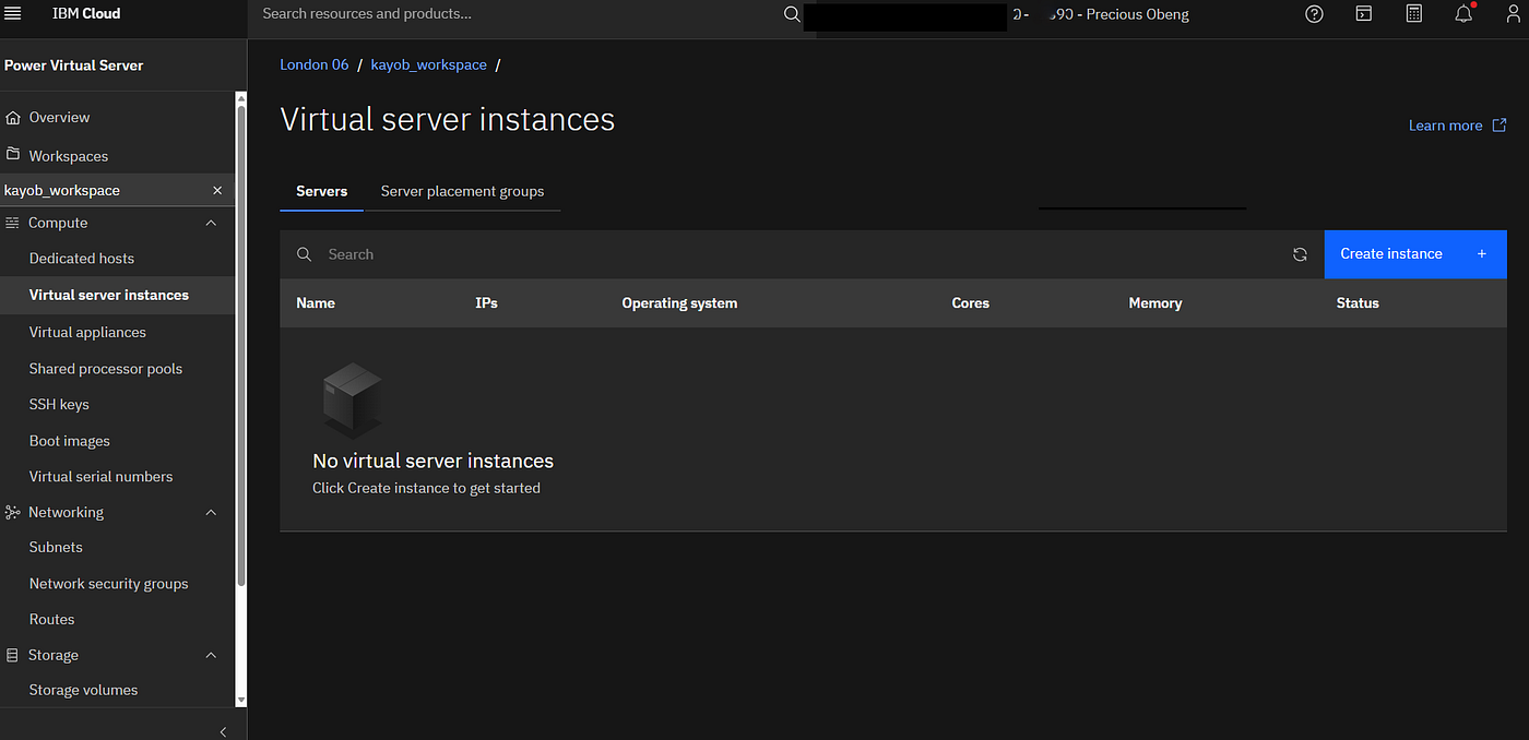 Virtual server instances overview inside a PowerVS workspace