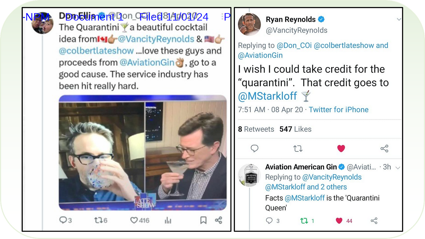 Ryan Reynolds misleads viewers of The Late Show with Colbert into thinking Reynolds invented the word “quarantini,” and only corrects the record later when a fan tweets about it