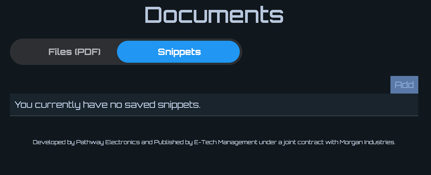 Figure 4. The the toggle pill is now shown with “Snippets” selected and the Documents Container hidden and the Snippets Container now displayed