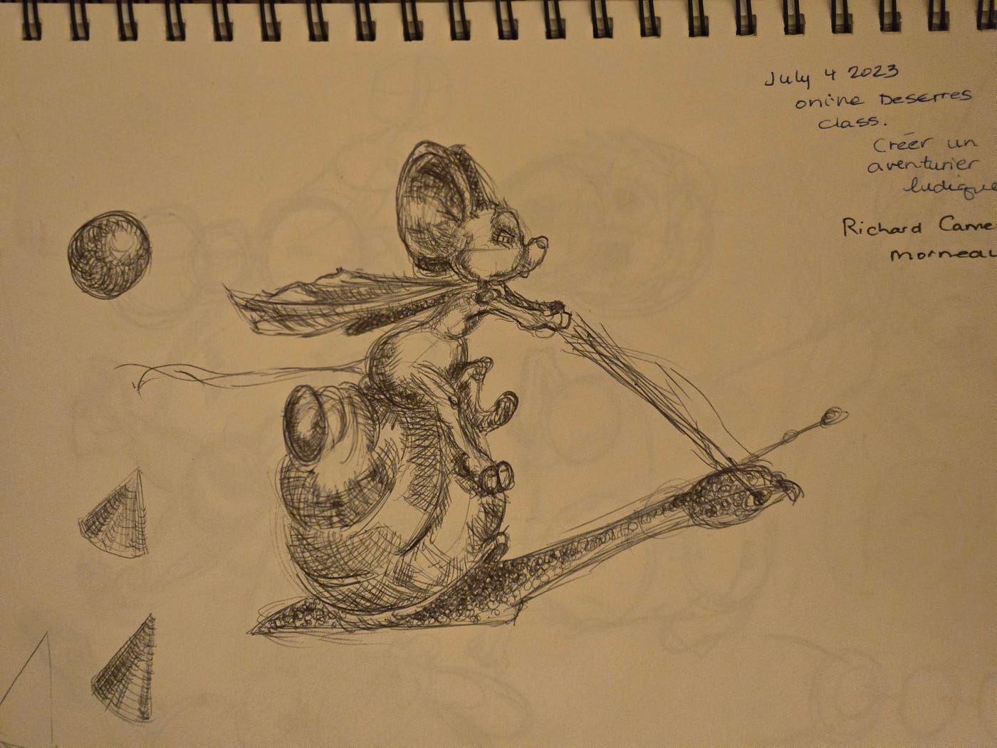 My in class sketch of Thomas riding a snail. Thomas is a cartoon created by artist and art teacher Richard Cameron Morneau. He was an excellent teacher and he made the class fun and engaging.