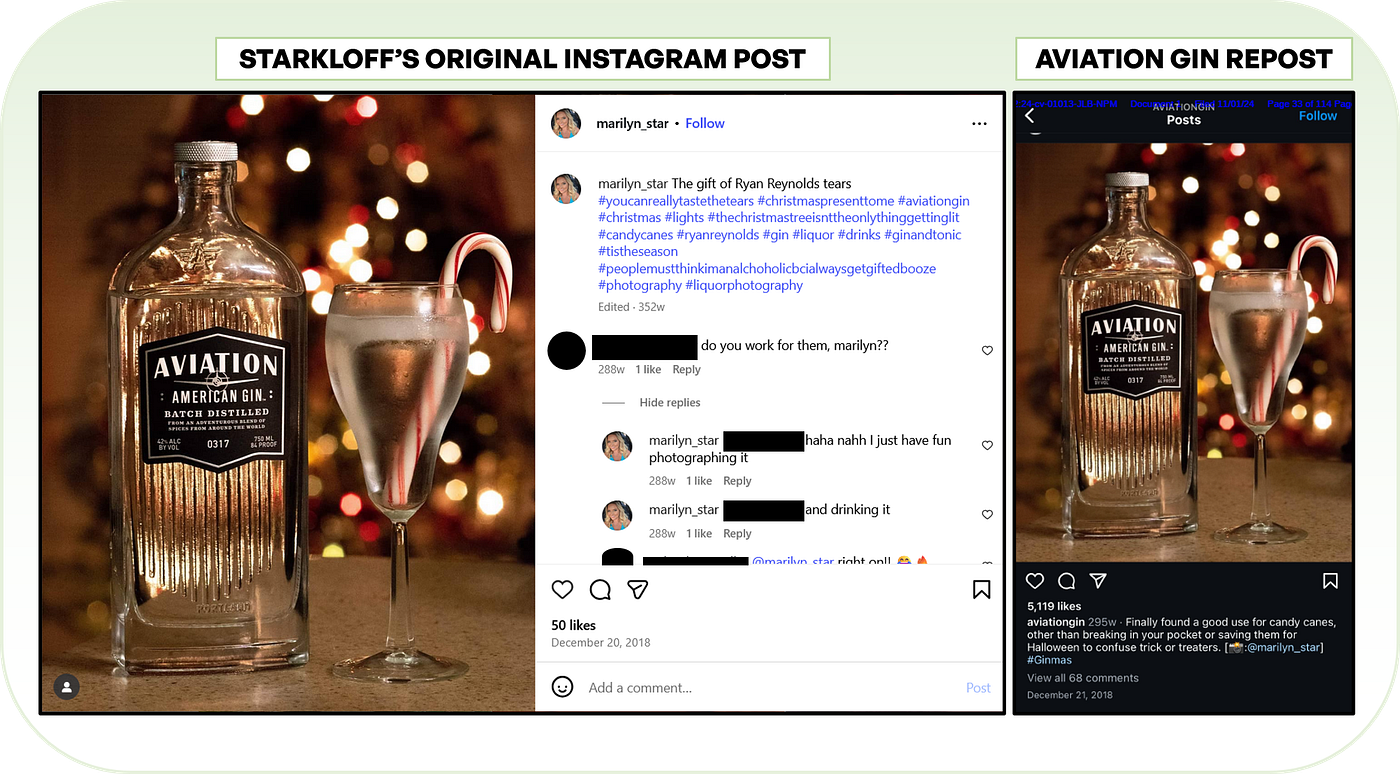 The official Aviation Gin Instagram account reposted Starkloff’s Christmas-themed photo of Aviation Gin with a candy cane without asking her for permission