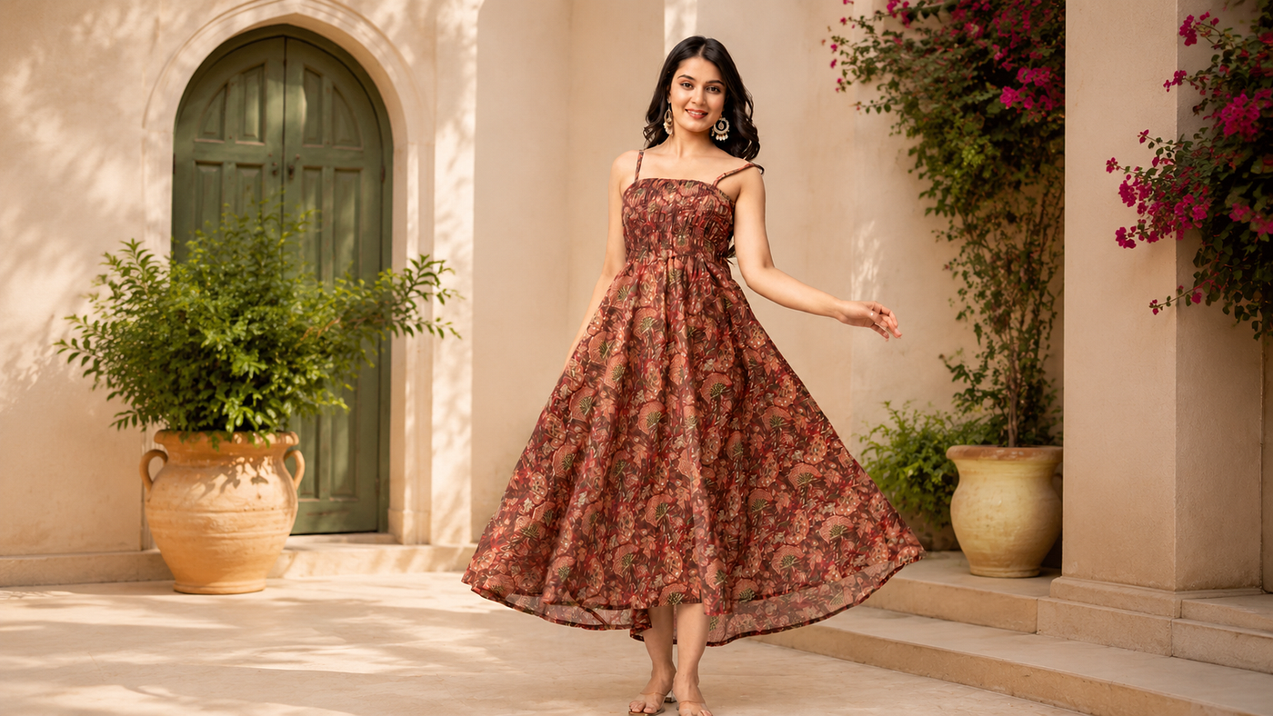 Women’s Silk Printed Shoulder Straps Sleeveless Anarkali Gown Drees