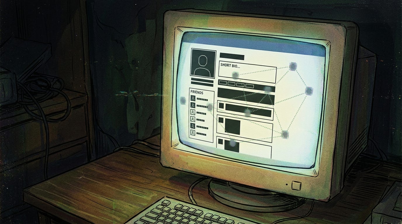 An imagined 1997 desktop glowing with the architecture of an early social network: profiles, friend lists, and six degrees of connection before the web had a name for them.
