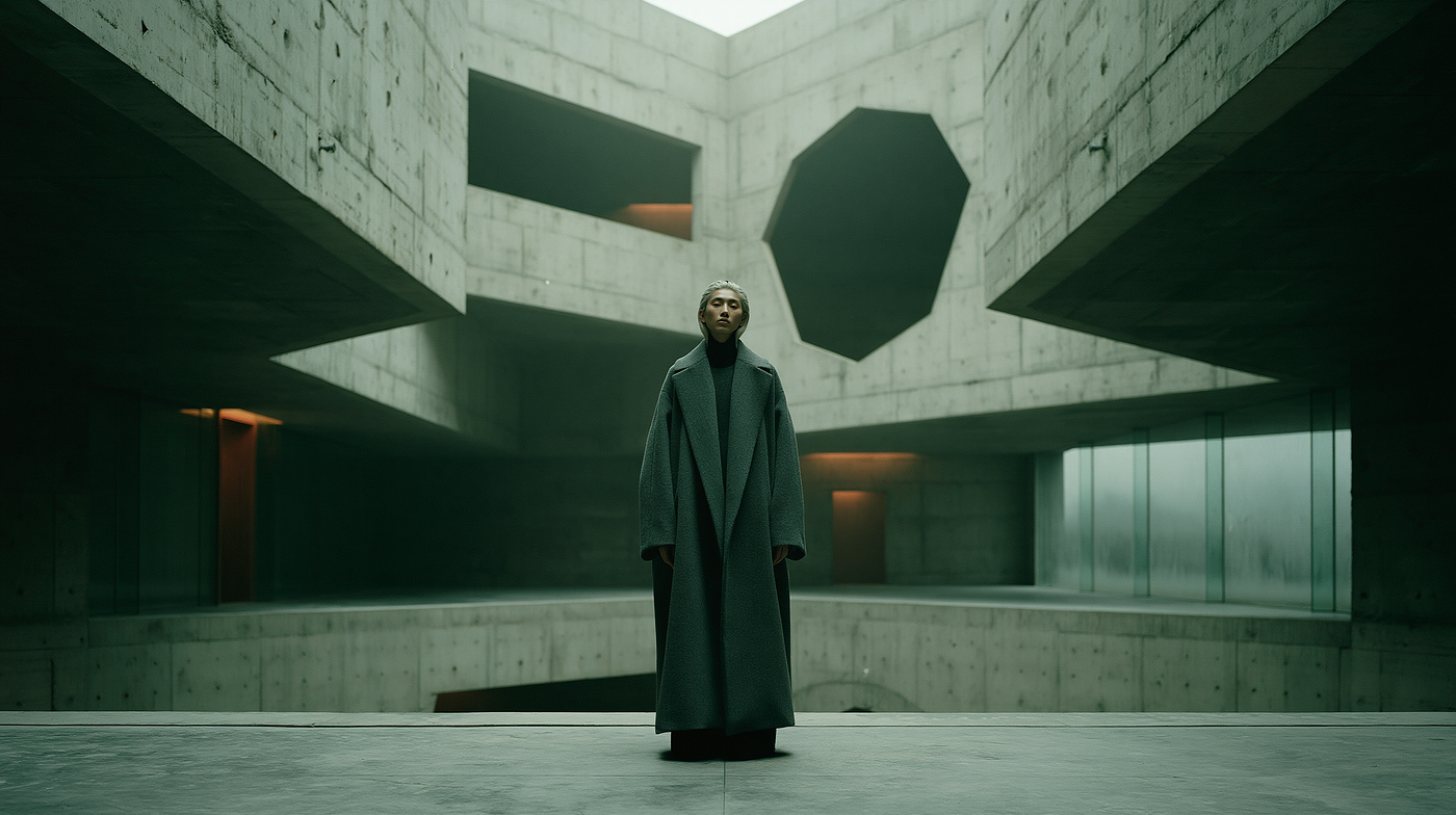 Prompt: wide editorial fashion portrait of a tall Nordic model in an oversized grey wool coat standing alone at the far edge of a vast brutalist concrete atrium, compositional influence of Lina Bo Bardi’s architectural spaces, photographed in the spirit of Anders Petersen, shot on Mamiya 7 II with 65mm f/4 lens using Kodak Portra 400, soft diffused skylight filtering through raw concrete openings with no artificial fill, cold desaturated palette of cement grey, muted sage and pale skin with blue undertones, solitude and architectural stillness, 60 percent negative space above and around the figure, smooth concrete textures and distant rain on glass panels, fine organic grain with subtle halation and deep focus — ar 16:9 — raw — stylize 150 — v 8.1
